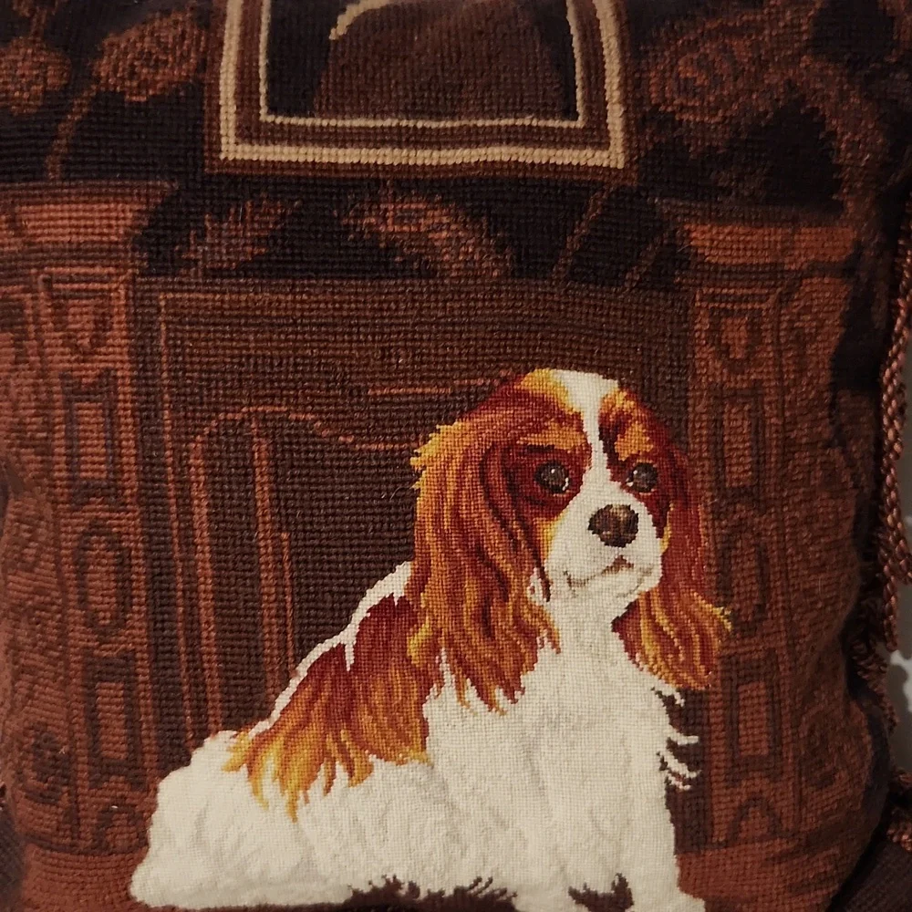 Cavalier King Charles Spaniel Vintage Wool Needlepoint Handmade Pillow 15 x 15